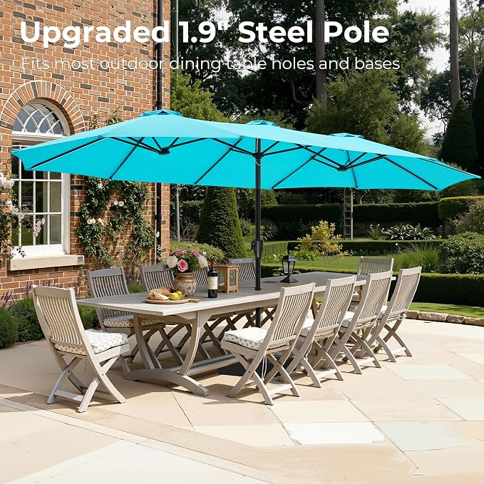 SUPERJARE 15FT Outdoor Patio Umbrella with Base Included, Double Sided Pool Umbrellas with Fade Resistant Canopy, Extra-Large Table Umbrella for Deck, Market, Backyard, Light Blue