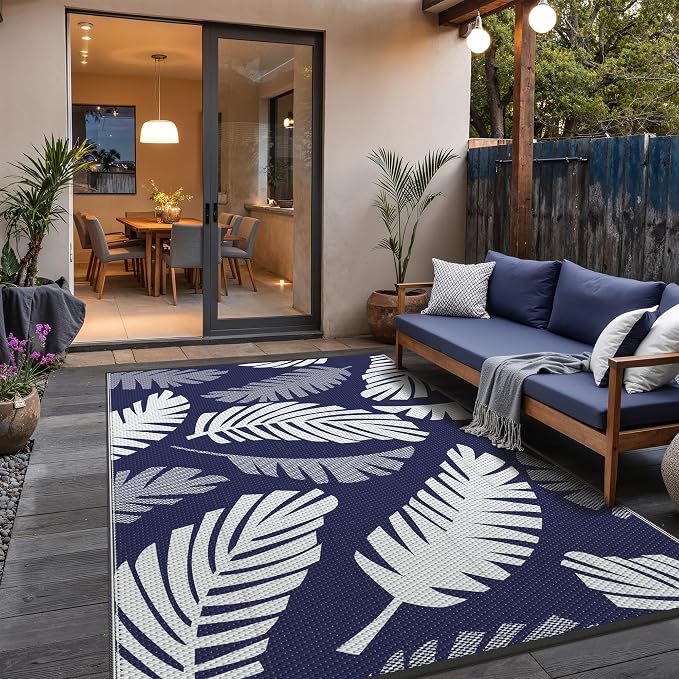 GENIMO Waterproof Outdoor Rug 6' x 9' for Patio Decor, Reversible Plastic Straw Area Rugs for Camping Clearance, RV Mat, Large Outside Carpet for Porch, Deck, Picni, Balcony, Garden, Navy Blue & White