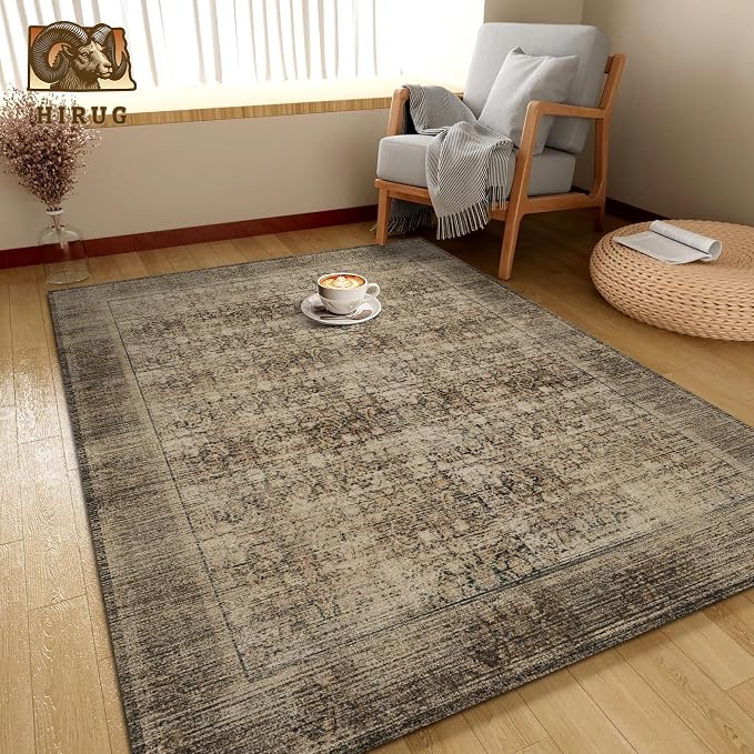 Washable Area Rug 3' x 5 ' Vintage Traditional Persian Mat - Foldable Distressed Non-Slip Machine Washable Carpet for Living Room Bedroom Kitchen Home Decor - Mocha and Taupe