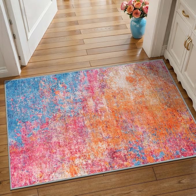 Tangsoo Abstract 2x3 Washable Rugs for Entryway, Small Area Rug Non Slip | Modern Colorful Low Pile Soft Throw Rugs, Indoor Front Door Mat Rug for Entrance Entry Foyer Kitchen Orange Pink Home Decor