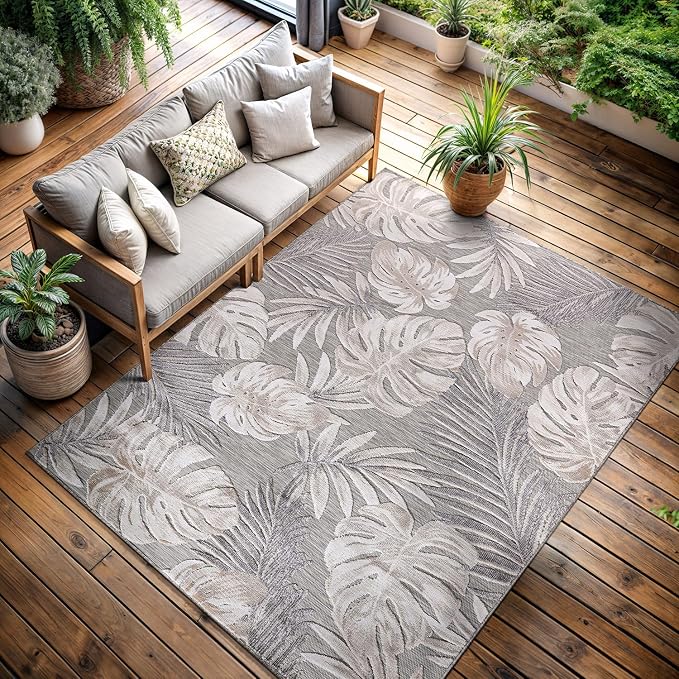 CAMILSON Indoor Outdoor Rug, Beige 7’10”x10’ Leaf Tropical Botanical Area Rugs for Indoor and Outdoor patios, Easy-Cleaning Non-Shedding Living Room, Garden and Kitchen Washable Outside Carpet (8x10)