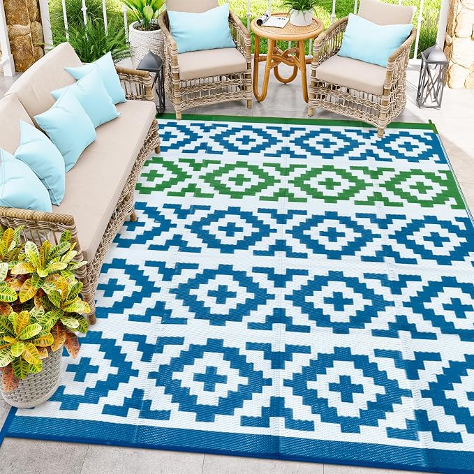 Anidaroel Camping Rug for Outside RV, 8x10 Waterproof Outdoor Rug for Patio Clearance, Reversible Plastic Straw Outside Area Rug for Deck, Camper, Backyard, Picnic(Blue&Green, 8‘x10')
