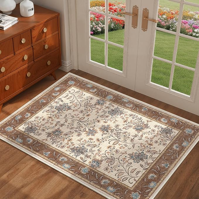 GarveeHome Small Brown Entryway Rug 2x3 Washable Front Door Rug Doormat | Low Pile Indoor Entrance French Floral Carpet Non-Slip Beige Throw Rugs for Kitchen, Powder Room, Entry, Bathroom, Kids Room