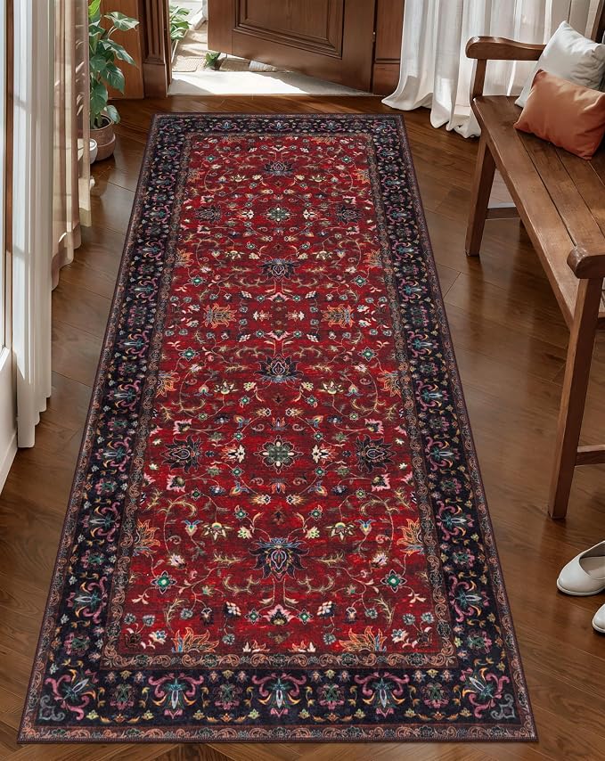 Tangsoo 2x6 Washable Runner Rug for Hallways, Oriental Non Slip Rug Runners | Vinatge Soft Low Pile Rug, Boho Print Carpet Farmhouse Hallway Runner for Kitchen Bedroom Entryway Bathroom Red Black