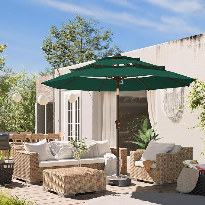 Ayge 9FT 3-Tier Large Outdoor Patio Umbrella Market Table Umbrella-UV Resistant,Easy Push Button Tilt and Crank,8 Sturdy Fiberglass Ribs Heavy-Duty Pool Umbrella for Deck,Backyard,Garden,Yard,Green