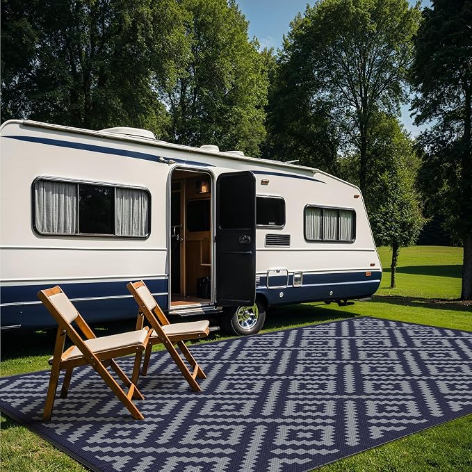 GENIMO Outdoor Rug for Patio Clearance, 10'x14' Waterproof Camping Mat, Reversible Plastic Straw Rugs for RV, Camper, Balcony, Backyard, Picnic, Deck (Blue & Grey)