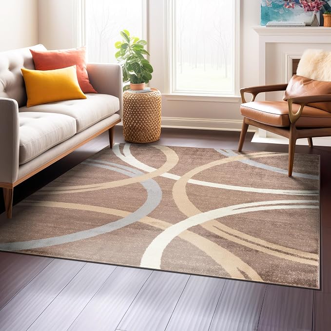 Rugshop Wavy Circles Modern Non-Shedding Square Rug Brown 6'6" x 6'6" | Square, Size 6'6" x 6'6", Living Room, Bedroom, Dining Room, Home Office, Kitchen, Entryway, Hallway, Nursery, Kids Room