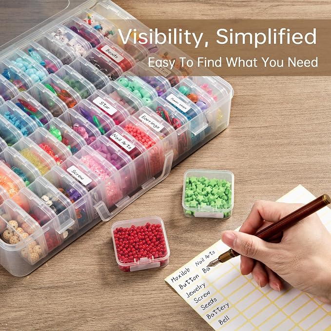 Bead Organizer Box, 60 Pack Small Clear Storage Boxes with Labels, Large Travel Craft Case with Handle, Mini Plastic Containers for Jewelry Making Diamonds DIY Pony Bracelet Screws Seeds Small Parts