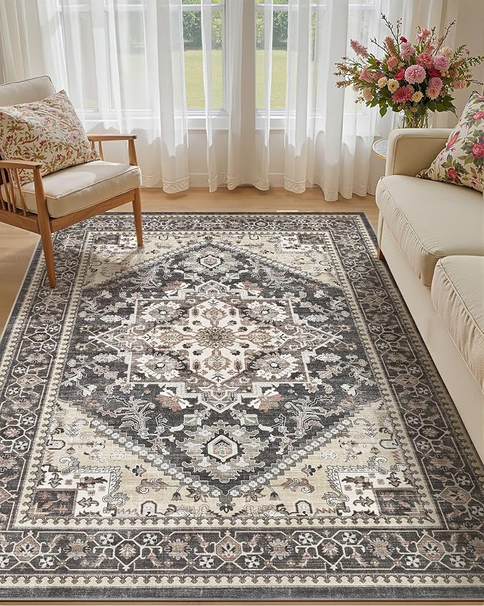 Washable Area Rug-7X9 Vintage Neutral Soft Black | Non Slip Thin Foldable Large Floor Carpet for Living Room Bedroom Kitchen Dining Room Home Office Farmhouse Indoor