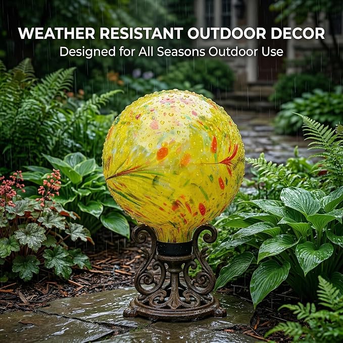 Glass Outdoor Gazing Globe, 10" Hand Blown Yellow Swirl Gazing Ball | Decorative Garden Orb for Yard, Patio, Lawn & Flower Beds