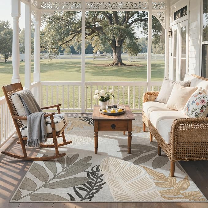 GENIMO Outdoor & Indoor Area Rug 6'x9', Waterproof, Non-Shedding, Easy Cleaning, Leaf Mat for Patio, Living Room, Balcony, Dining Room, RV, Deck, Bedroom, Camping, Outside Carpet, Sand Grey