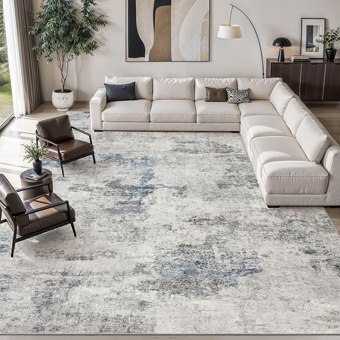 DMOYEST 10x14 Area Rug for Living Room Washable Abstract Indoor Carpet | Neutral Modern Low Pile Rugs Kid & Pet Friendly Large Soft Thin Carpet for Bedroom Dining Room - Grey Blue