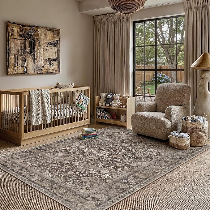 HUGEAR 3x5 Machine Washable Rugs Coffee Brown Hallway Area Rug Indoor Accent Rug Floral Low Pile Carpet Soft Throw Aesthetic Rug Bedroom Living Room Office Dining Room Kitchen Laundry Room Non Slip