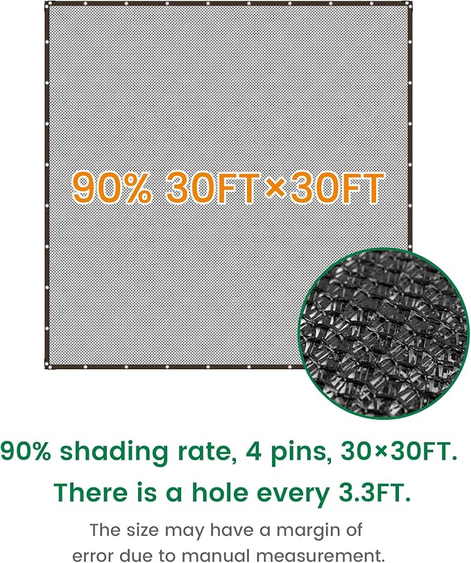 90% 30 X 30 FT Black Shade Cloth, Outdoor Sunblock Shade Cloth with Grommets, Durable Sun Shade Netting Shading Antifreezing for Patio, Garden, Plants Cover, Greenhouse, Barns, Dog Kennel