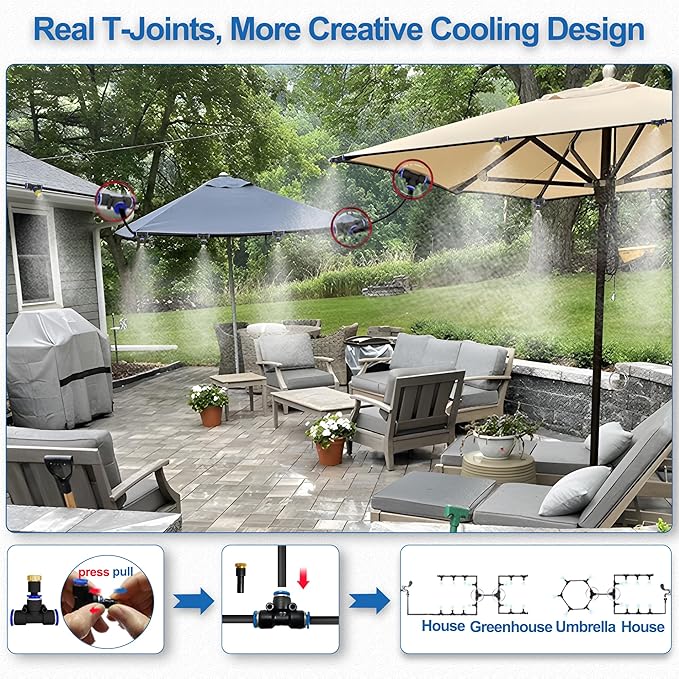 Misters for Outside Patio,Outdoor Water Misting Cooling System,33FT|10M.Backyard Mist Kit for Garden,Greenhouse,Fan,Deck,Umbrella,Canopy,Pool,Porch.Trampoline Sprinkler Park,BBQ Party Accessories