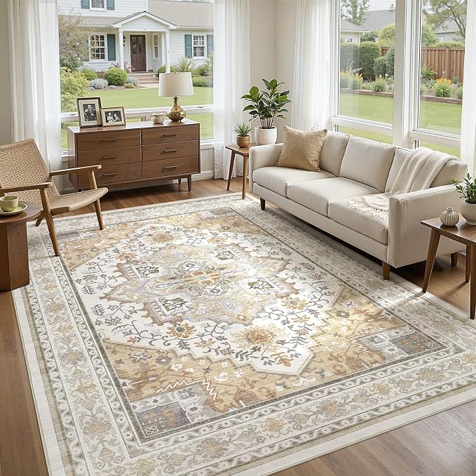UERMEI 10x14 Area Rug for Living Room - Washable Vintage Carpet, Non-Slip Soft Large Indoor Floor Rugs for Bedroom Home Office & Under Dining Table Decor, Brown Beige