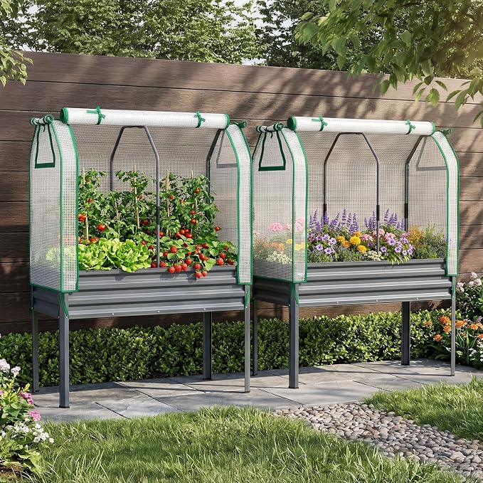 Ohuhu Raised Garden Bed with PE Cover, 48"x22"x59.5" Galvanized Elevated Planter Box with Legs, Large Garden Box Outdoor Planters for Outdoor Plants, Heavy Duty Gardening Bed for Flower Vegetable