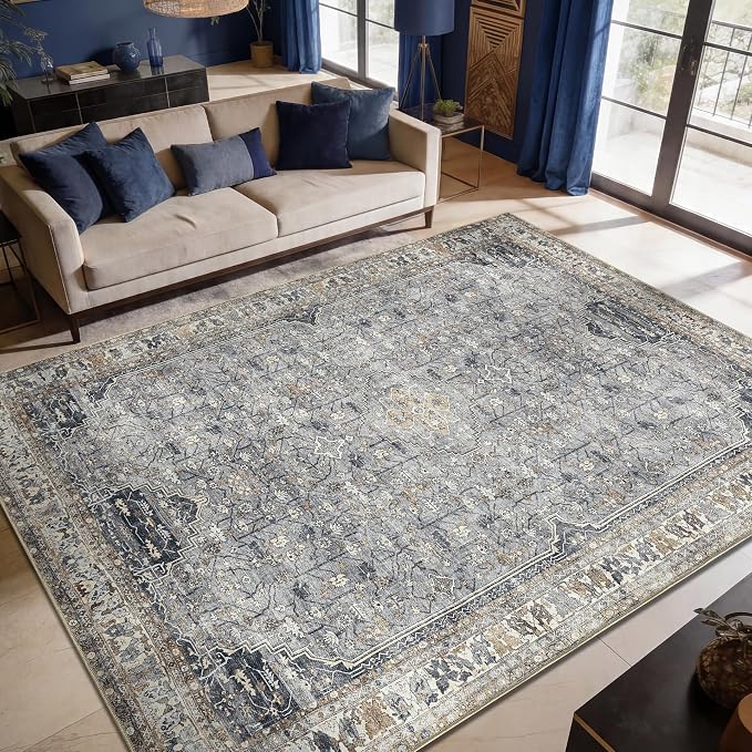 Keen Home Design Vintage Washable Area Rug, Non-Slip Low Pile, 6x9 | Machine Washable Cotton Chenille, 0.25In Low Pile, Rubber Non-Slip Back; Living Room, Dining Room, Bedroom, Office
