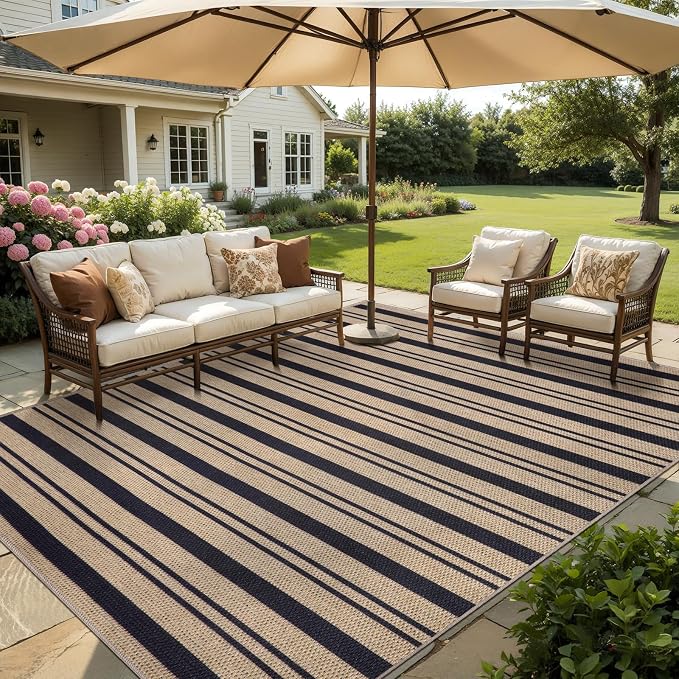 Tangsoo Easy Jute 8x10 Rug for Living Room,Washable Non-Slip Outdoor Carpet | Modern Large Striped Thin Carpet,Farmhouse Low Pile Office Mat for Backyard Dining Room Patio Sunroom Home Decor