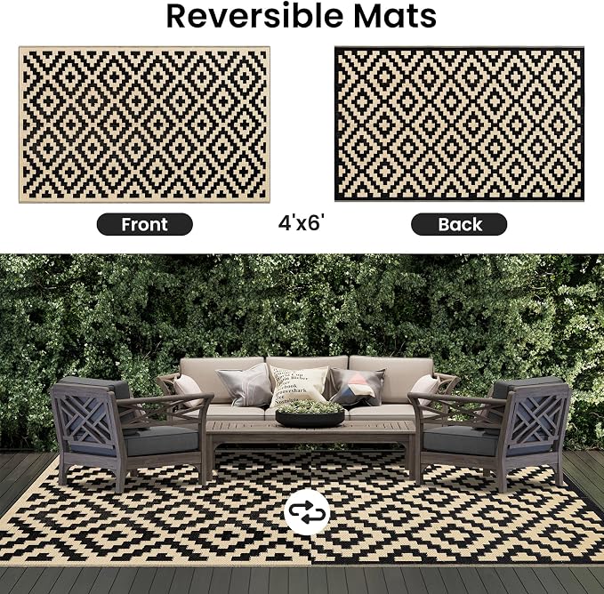 Smiry Waterproof Outdoor Rug 4x6 ft, Reversible Plastic Straw Patio Camping Rugs, Outdoor Indoor RV Mat Carpet for Patio, Outside Entry, Backyard, Deck, Bench, Picnic, Camper, Black & Beige