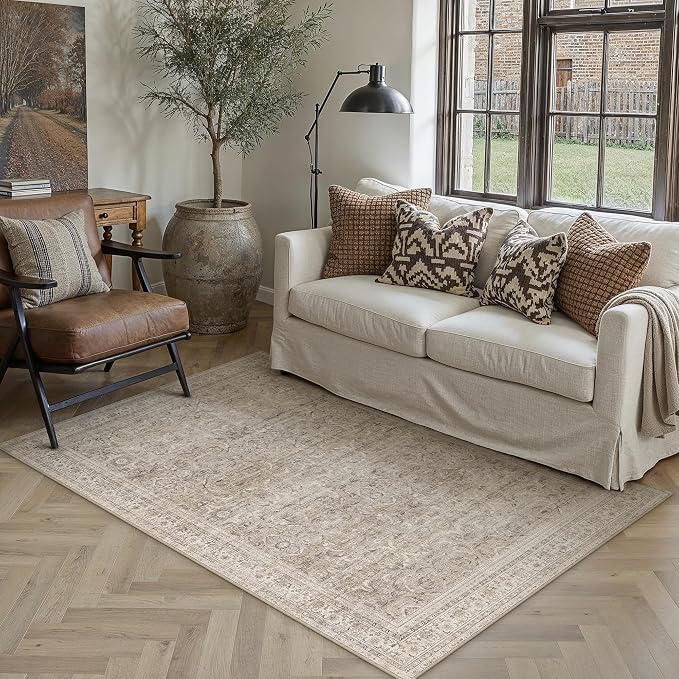 3x5 Beige Vintage Distressed Washable Area Rug for Entryway | Low Pile, Non Slip, Retro Style, Soft Distressed Indoor Rug for Entryway, Kitchen, Bathroom, Door Mat, Home Decor