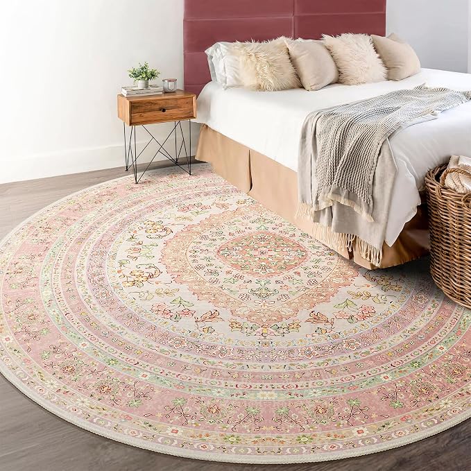 Round Area Rugs 6ft Washable,Pink Rug for Living Room Bedroom | Circle Boho Vintage Bohemian Distressed Farmhouse Carpet Non Slip for Dining Room,Blush Floral