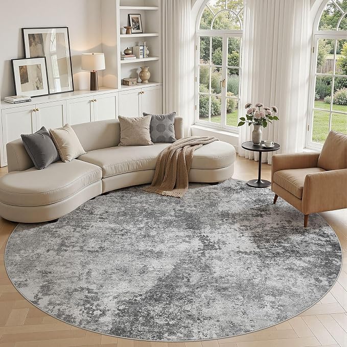 Nakagishi 8X8 Abstract Washable Area Rugs for Living Room-Grey | Modern Non-Slip Silicone Backing Low Pile Soft Carpet for Bedroom Dining Decor Ideal for Families with Kids and Pets
