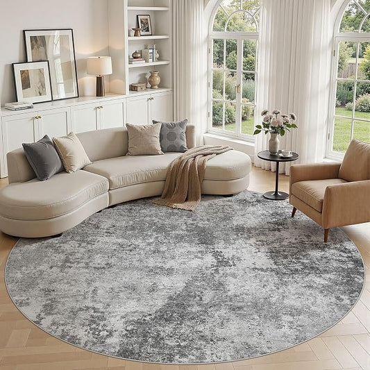 Nakagishi 8X8 Abstract Washable Area Rugs for Living Room-Grey | Modern Non-Slip Silicone Backing Low Pile Soft Carpet for Bedroom Dining Decor Ideal for Families with Kids and Pets