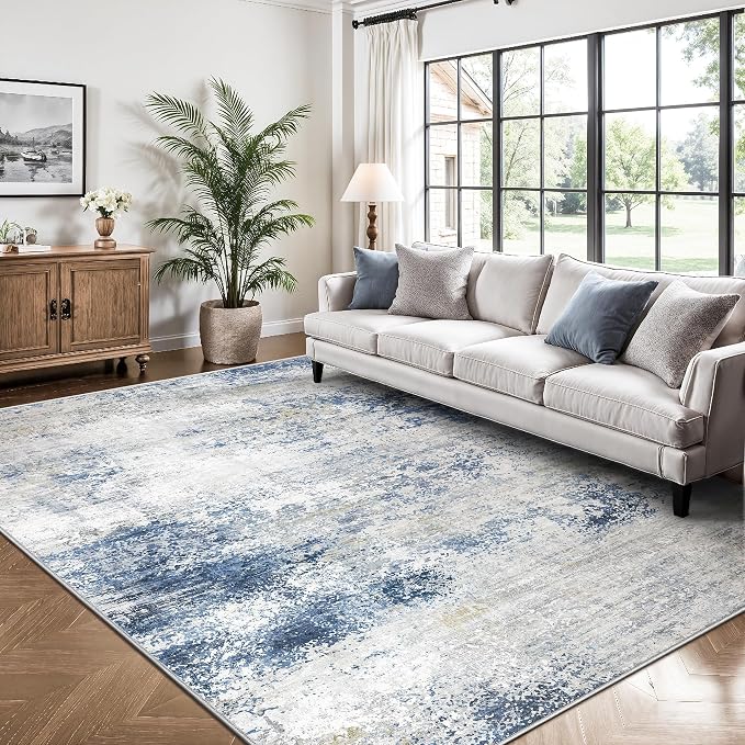 6x9 Area Rugs, Abstract Modern Ultra Soft Washable Rug, Non Slip Carpet with Rubber Back Stain Resistance Rugs for Living Room, Bedroom, Dining Room Decor(Blue & White)