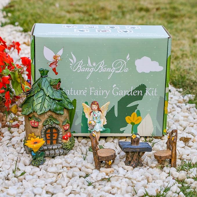 BangBangDa Miniature Fairy Garden Accessories Outdoor - Garden Small Fairies Figurines Kit Fairy House Table Chair Set Birthday Gardening Gifts for Girl Boy Mother Girlfriend