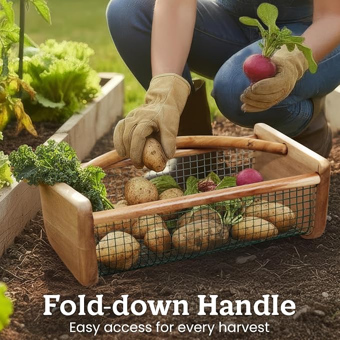 HOMESTEAD Garden Hod Harvest, Durable Acacia Wood Frame with Rotating Handle Basket, Farmhouse Basket for Home Improvement, Gardening, Farm, Kitchen, Indoor Outdoor Use, Natural Color