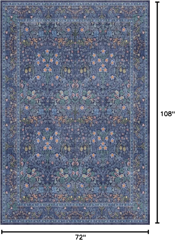 Dining Room Rugs for Under Table - 6x9 Washable Dark Blue Oriental Area Rug for Living Room, Low Pile Non-Slip Floor Carpet for Bedroom - Vintage Navy Design & Stain Resistance