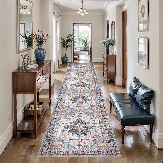 Tangsoo 2.6x12 Hallway Runner Rugs Vintage Washable Runner Rug Non Slip | Boho Soft Low Pile Long Rug Runner, Oriental Print Indoor Carpet Runners for Kitchen Bedroom Entryway Living Room Blue/Orange
