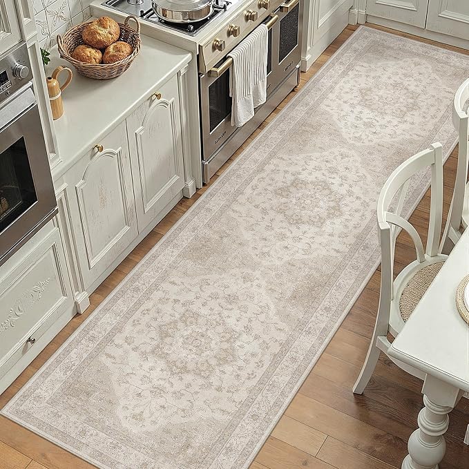 Beige 2x8 Washable Runner Rug Vintage Oriental Medallion Carpet | Soft Low Pile, Non Slip, Stain Resistant, Neutral Retro Decor for Entryway, Kitchen, Bedroom, Hallway