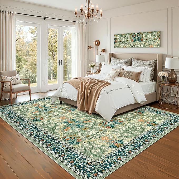 GarveeHome Sage Green Floral 5x7 Washable Area Rug for Living Room Bedroom | Vintage Low-Pile Non-Slip Carpet Soft Stain Resistant Rugs for Large Room Botanical Boho Rug TPE Backing