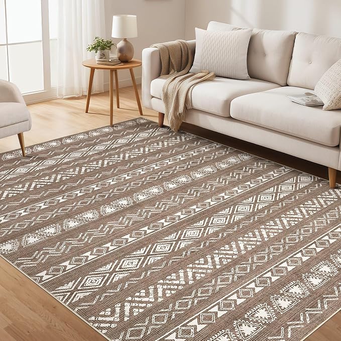 kakania Washable 5x7 Area Rug for Living Room: Boho Geometry Home Decor | Soft Stain Resistant, Low-Pile, Non-Slip, Pet & Kid Friendly, Thin Rug for Bedroom/Dining Room/Kids Dorm - Dark Brown