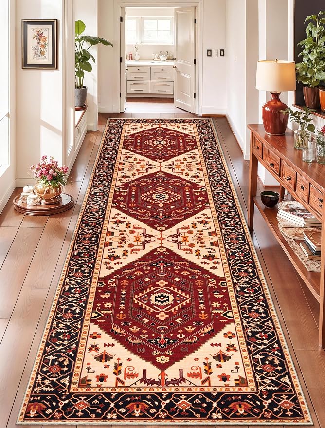 SERISSA 2'6"x10' Washable Non Slip Boho Runner Rug for Hallway，Red Black | Ultra Soft Vintage Oriental Carpet Low-Pile Tribal Floor Carpet for Kitchen Bedroom Bathroom Laundry Room