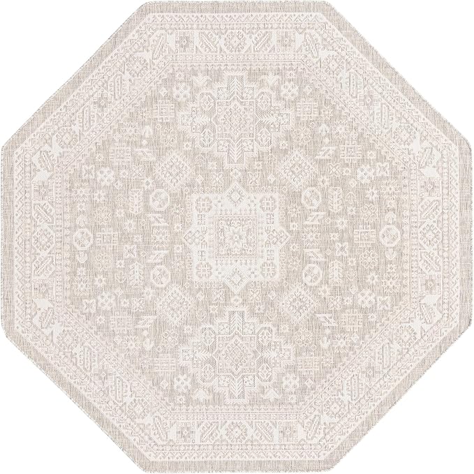 Unique Loom Outdoor Aztec Collection Area Rug - Chalca (7' 10" Octagon, Light Gray/ Ivory)