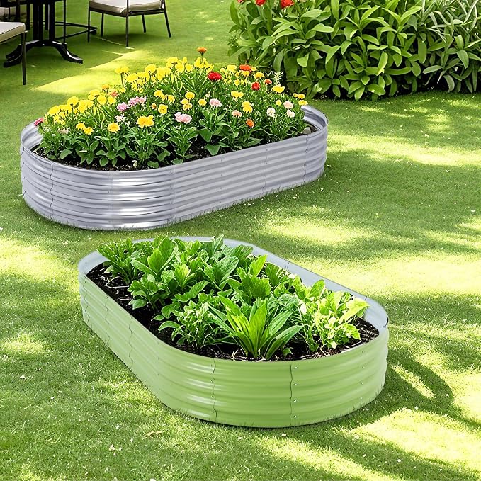 Galvanized Raised Garden Bed Kit, Planter Garden Boxes Outdoor, Oval Large Metal for Vegetables Fruits, Flowers Planter Boxes, Easy Assembly Garden Bed Kit (Silver, 8×4×1FT (1-Pack)