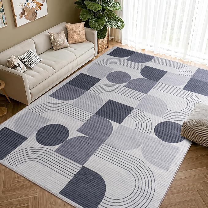 Soft Modern Geometric Abstract Machine Washable Large 6x9 Area Rug | Grey Rugs for Bedroom Living Room, Non-Shedding Faux Wool Indoor Throw Floor Carpet for Office Entryway Dining Room Decor