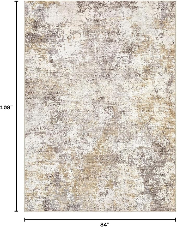 Nakagishi 7X9 Abstract Washable Area Rugs for Living Room-Golden Brown | Modern Non-Slip Silicone Backing Low Pile Soft Carpet for Bedroom Dining Decor for Families with Kids and Pets