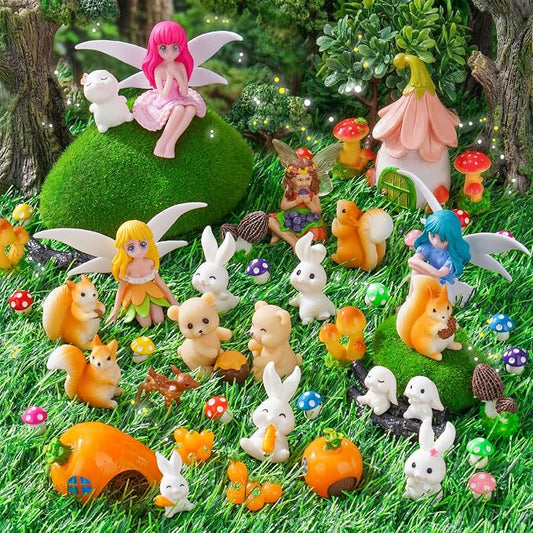 50-Piece Mini Fairy Garden Accessories Kit, Resin Fairy House (3.1" H) with 49 Miniature Figurines - Animals, Mushrooms and Fairies for DIY Terrarium, Planter, Flower Pot and Desktop Decor