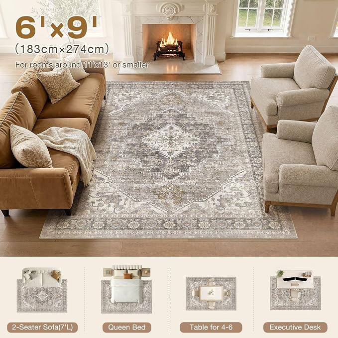 DTICON Vintage Washable 6x9 Area Rug Living Room Rugs, Taupe | Boho Distressed, Pet & Kid Friendly, Non-Slip Backing, Soft Polyester, Low-pile Carpet for Living Room, Bedroom, Dining Room