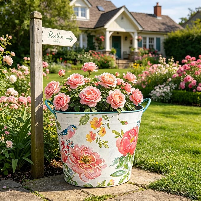 Vintage Watercolor Metal Bucket Planter with Floral & Bird Print , 13" Large Decorative Flower Pot with Handles for Indoor Outdoor Garden, Farmhouse Kitchen, Wedding and Rustic Home Decor (Flower#4)