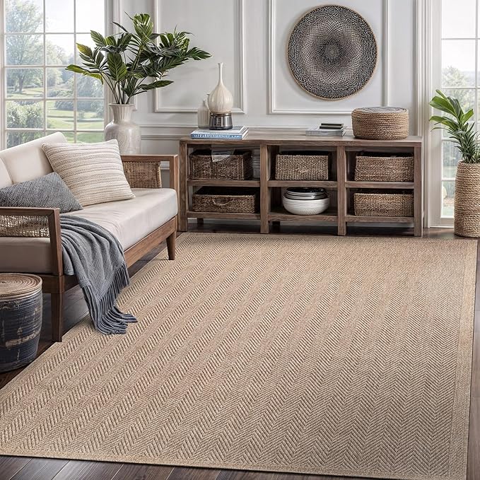 CAMILSON Easy Jute Rug 5x7, Indoor Outdoor Natural Color Fiber Area Rugs for Living Room Patio and Bedroom Rug Herringbone Seagrass Woven Design Easy-Cleaning, Washable Outside Carpet Alfombras 5 x 7