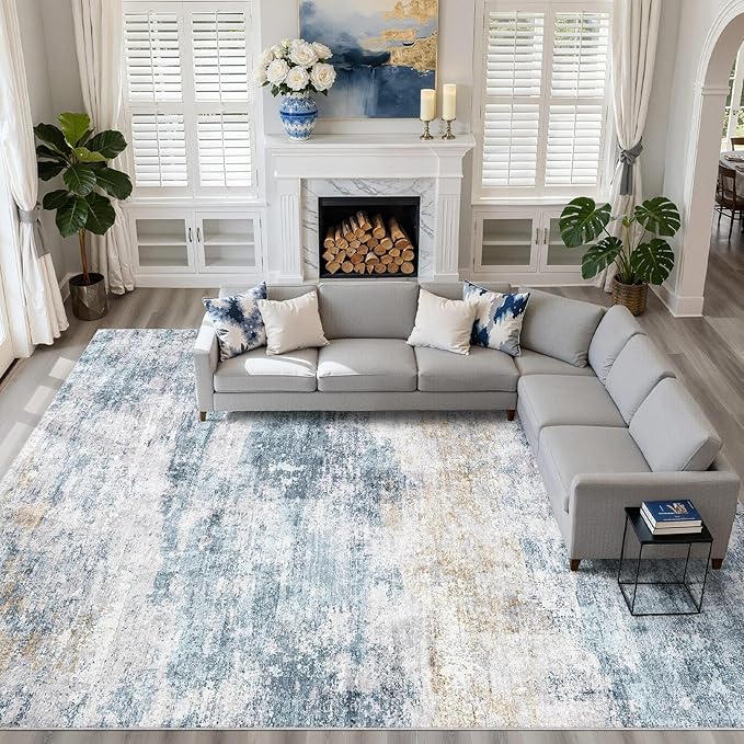 LOONGRUG 10x13 Area Rug Washable Neutral Modern Living Room Rug Blue Gold | Large Abstract Soft Stain Resistant Indoor Non-Slip Carpet for Bedroom Nursery Kids Office Playroom Dining Room