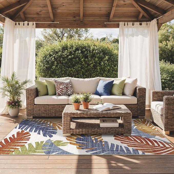 GENIMO Outdoor & Indoor Area Rug 4'x6', Waterproof, Non-Shedding, Easy Cleaning, Leaf Mat for Patio, Living Room, Balcony, Dining Room, RV, Deck, Bedroom, Camping, Outside Carpet, Tropical Rust