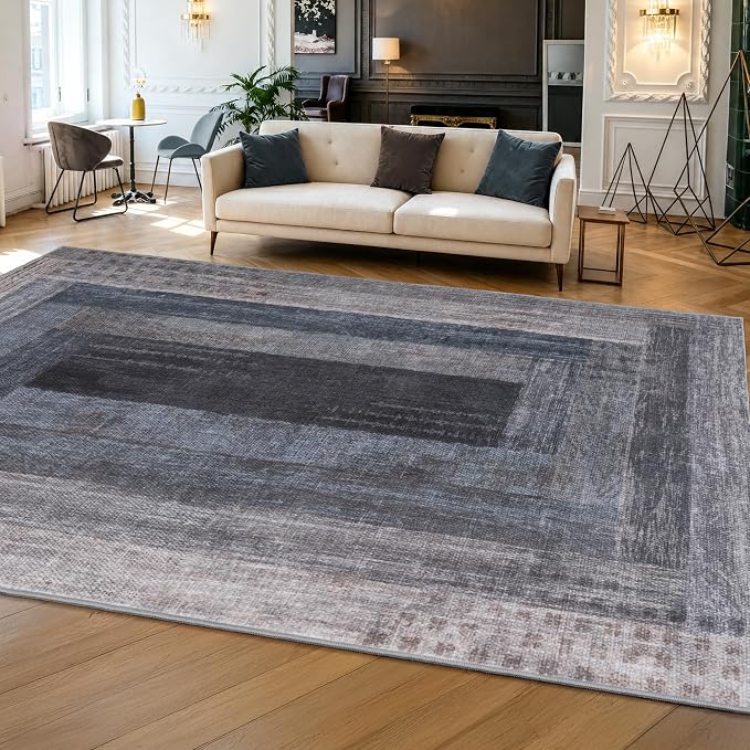 Neutral Geometric Blue 5x8 ft Large Rug for Living Room Bedroom | Contemporary Modern Area Rugs Vintage Washable Soft Faux Wool Low Pile Indoor Carpet for Dining Room Office Home Decor
