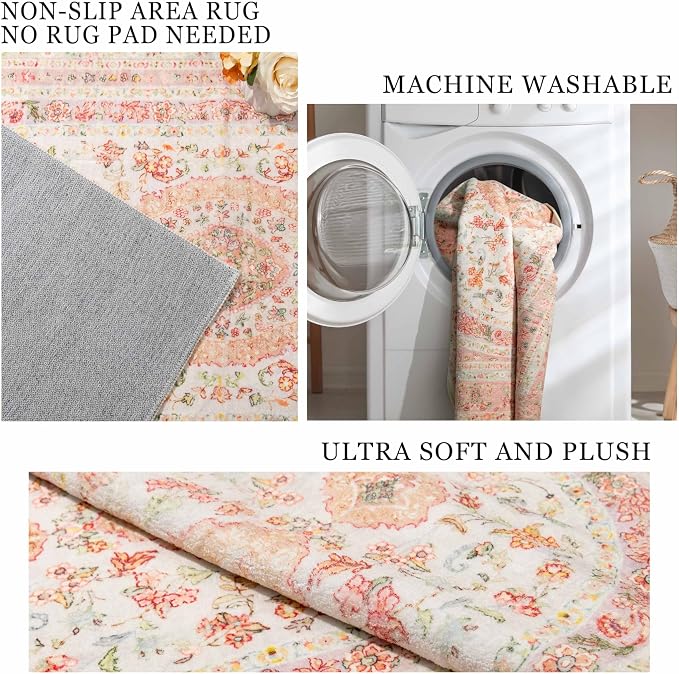 Pink Rug 3x5,Boho Washable Area Rugs for Bedroom Entryway | Small Vintage Distressed Farmhouse Non Slip Carpet for Living Room,Blush Floral