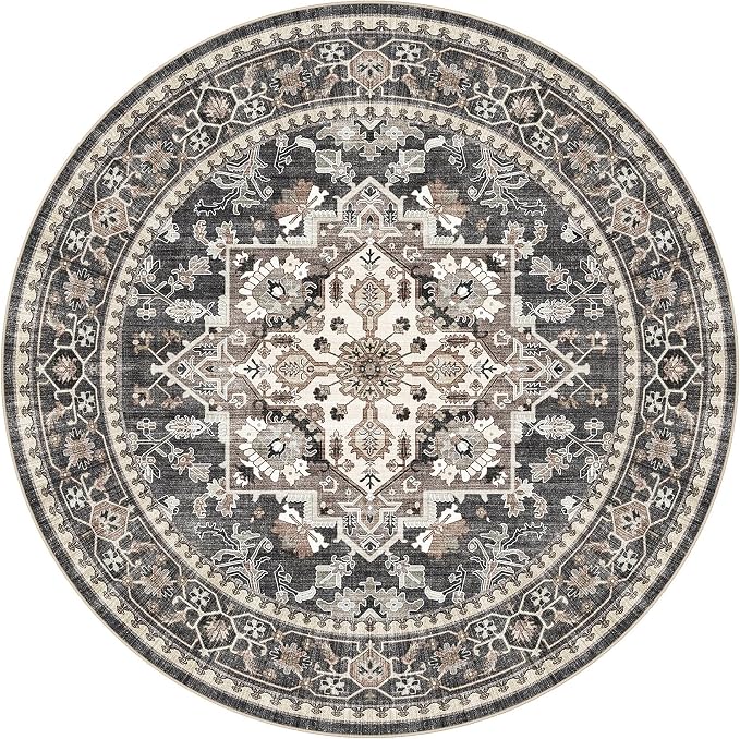 Washable Area Rug-8X8 Vintage Neutral Soft Black | Non Slip Thin Foldable Large Floor Carpet for Living Room Bedroom Kitchen Dining Room Home Office Farmhouse Indoor